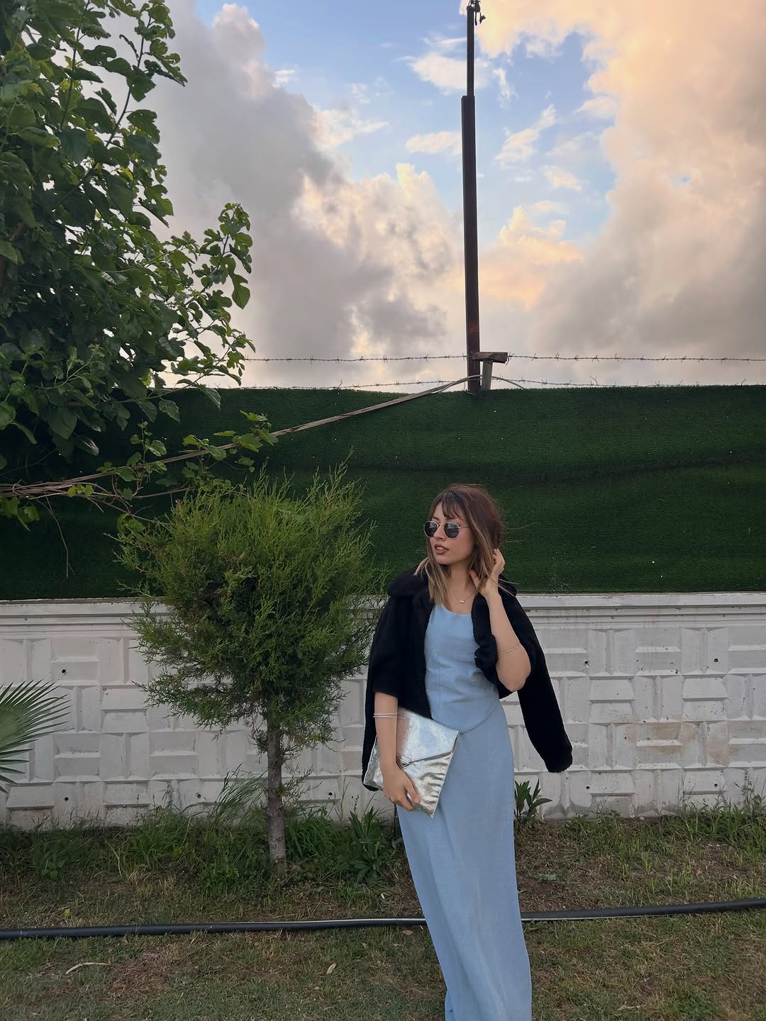 Mavi Saten Uzun Elbise